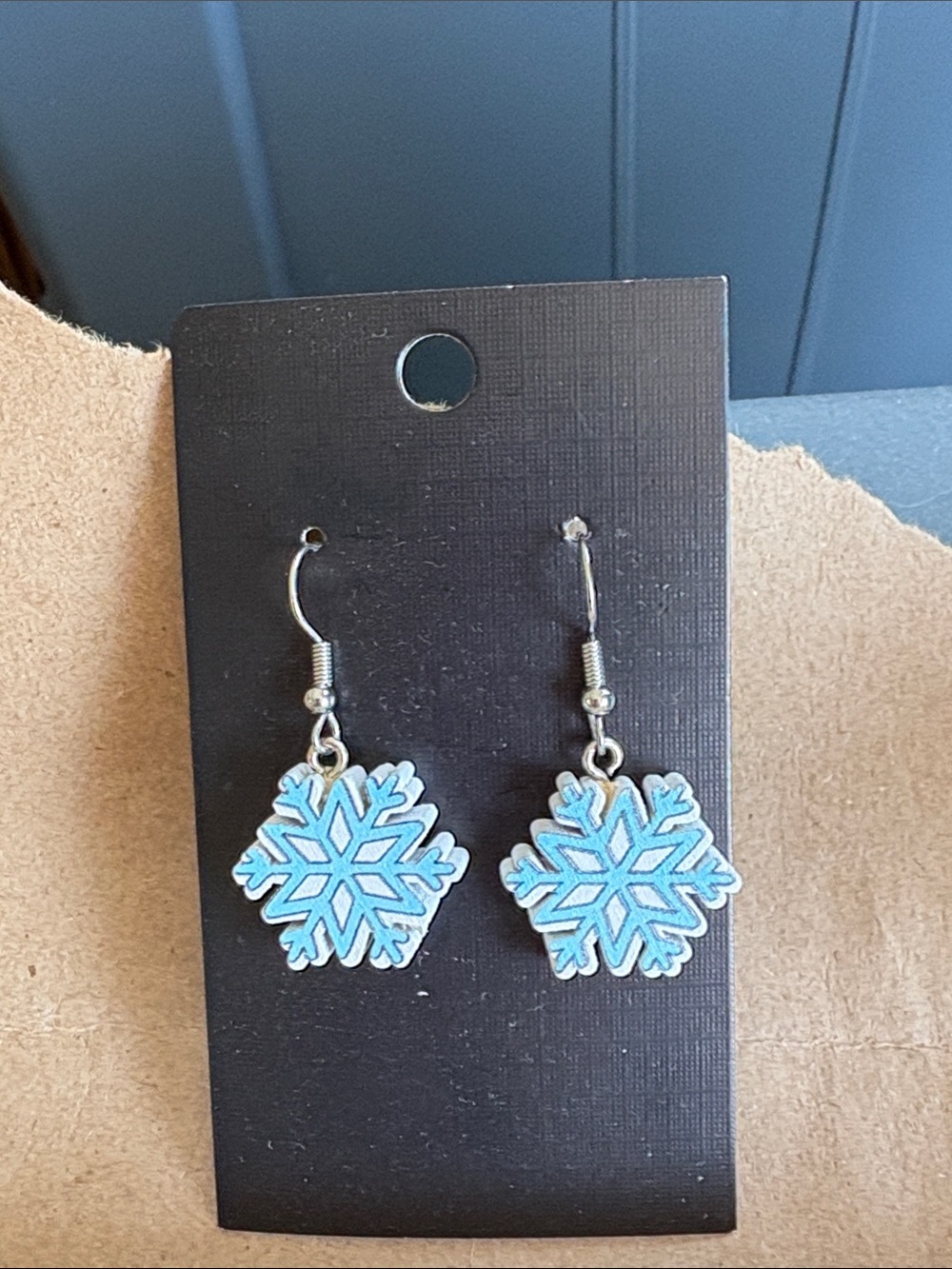 Blue Wooden Snowflake Drop Earrings